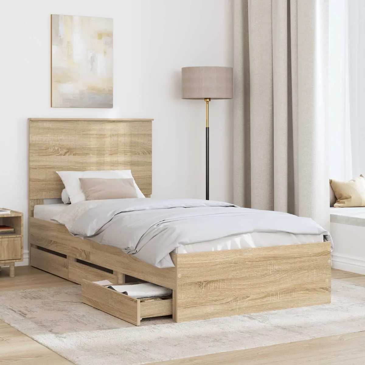 Sonoma Oak Bed Frame with Integrated Drawer Storage 90 x 190 cm