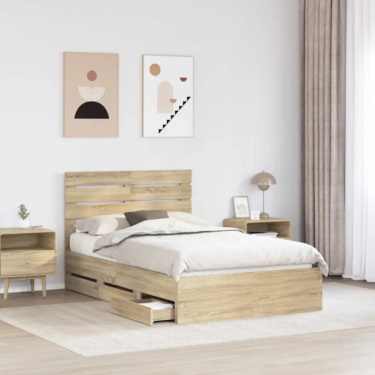 Bed Frame Engineered Wood 135 x 190 cm Brown Sonoma Oak