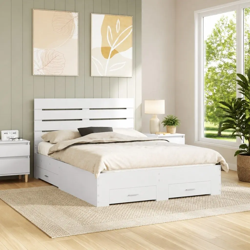 White Bed Frame with Storage Headboard