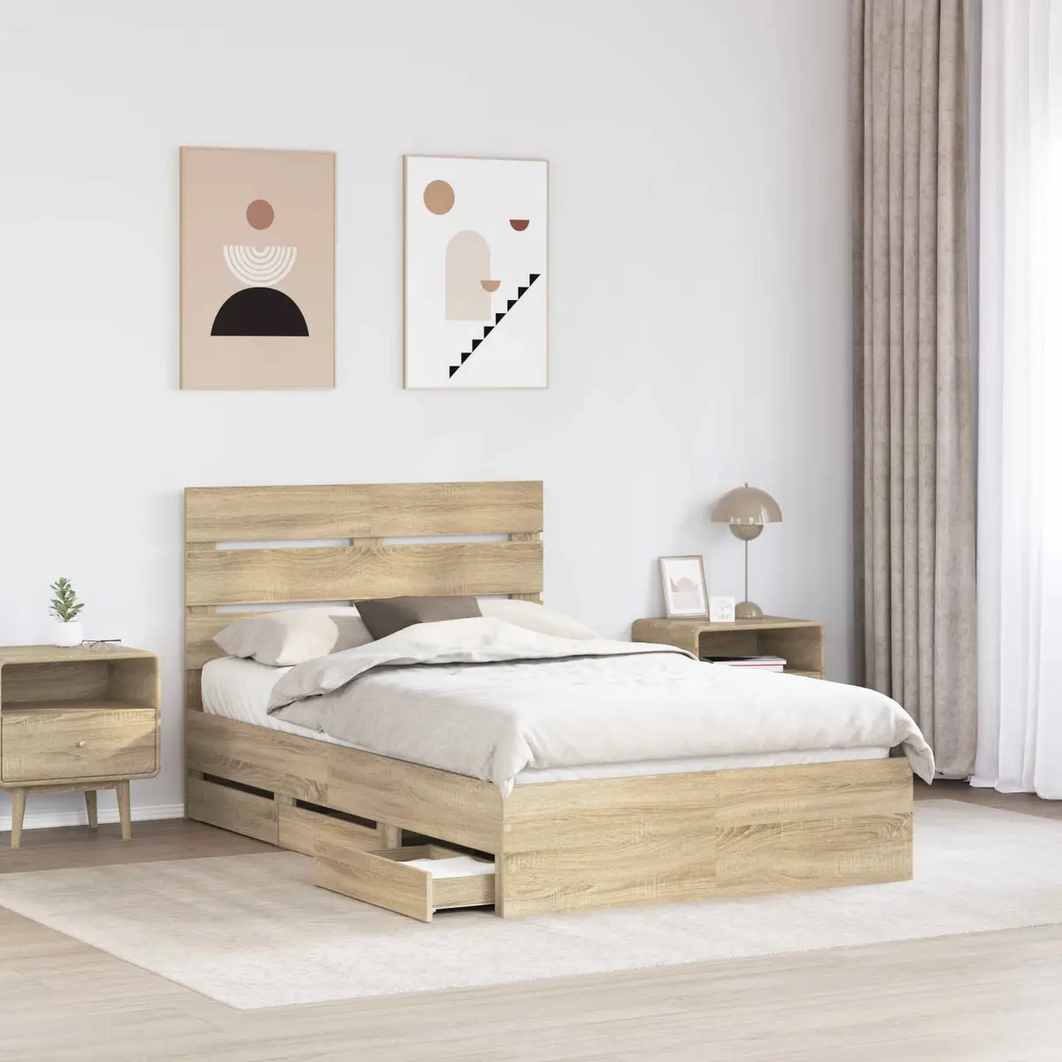 Brown Engineered Wood Bed Frame with Drawer