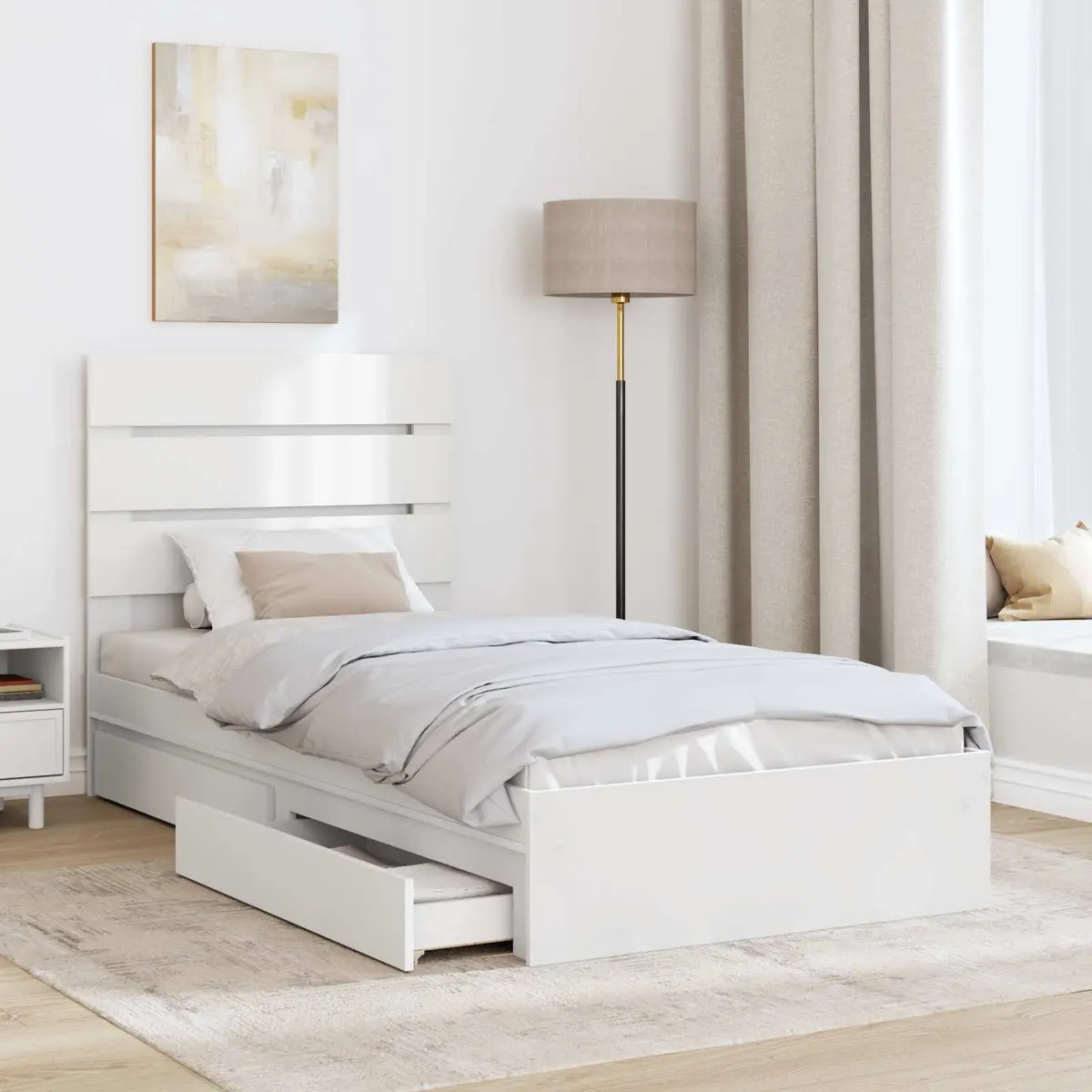 White Engineered Wood Storage Bed with Headboard 90 x 190 cm