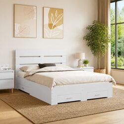 Bed Frame with Storage Drawers White 150x200cm Engineered Wood Modern Bedroom