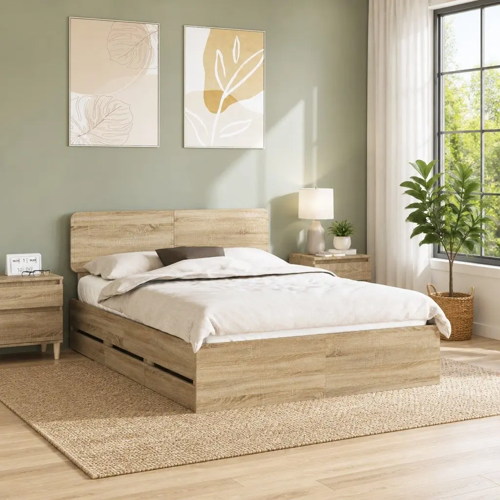 Engineered Wood Bed Frame with Hidden Storage Drawers