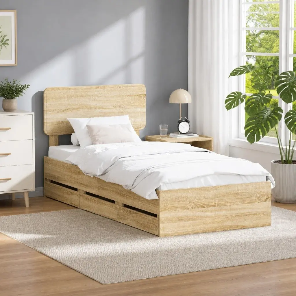 Bed Frame with Storage Drawers 90x190cm Brown