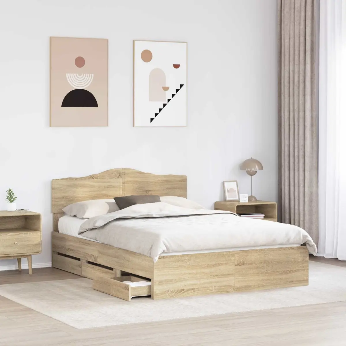 Bed Frame Engineered Wood 150 x 200 cm Sonoma Oak with Storage Drawer