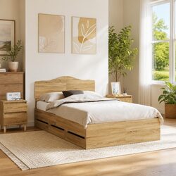 Bed Frame with Storage Drawer Engineered Wood 135 x 190 cm Brown Modern Design