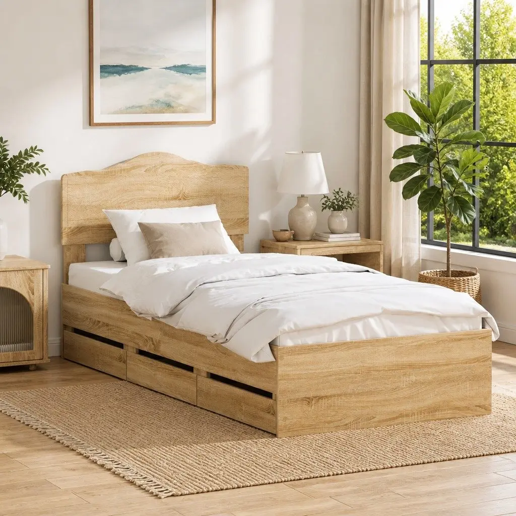 Engineered Wood Bed Frame with Storage Drawer 90 x 190 cm