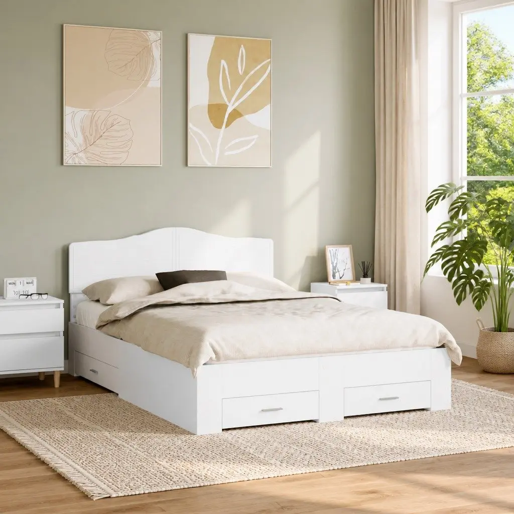 White Bed Frame with Headboard and Storage Drawers