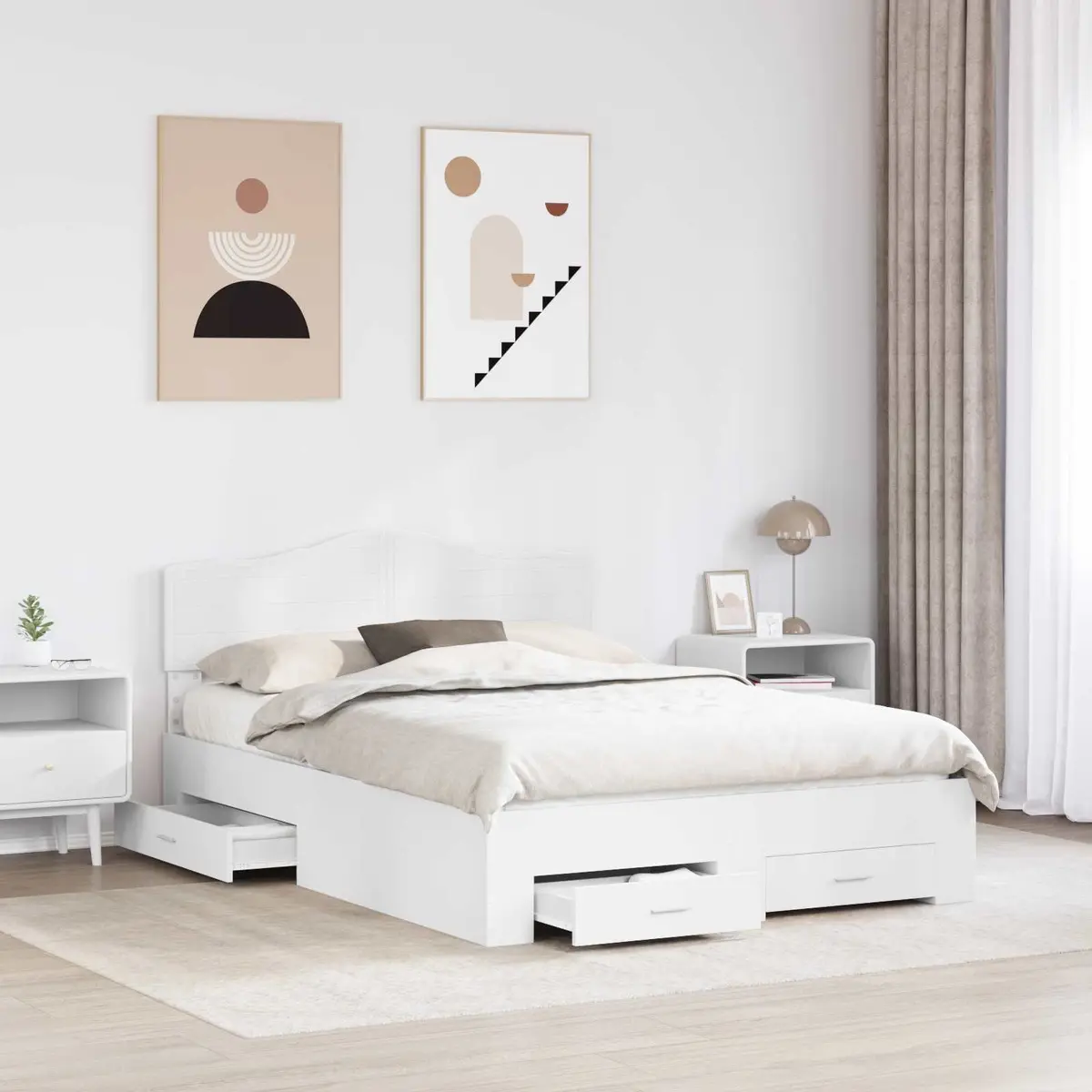 White Bed Frame with Headboard and Storage Drawers