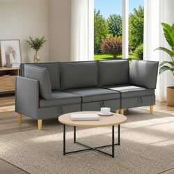 3-Piece Grey Fabric Modular Sofa Set with Storage