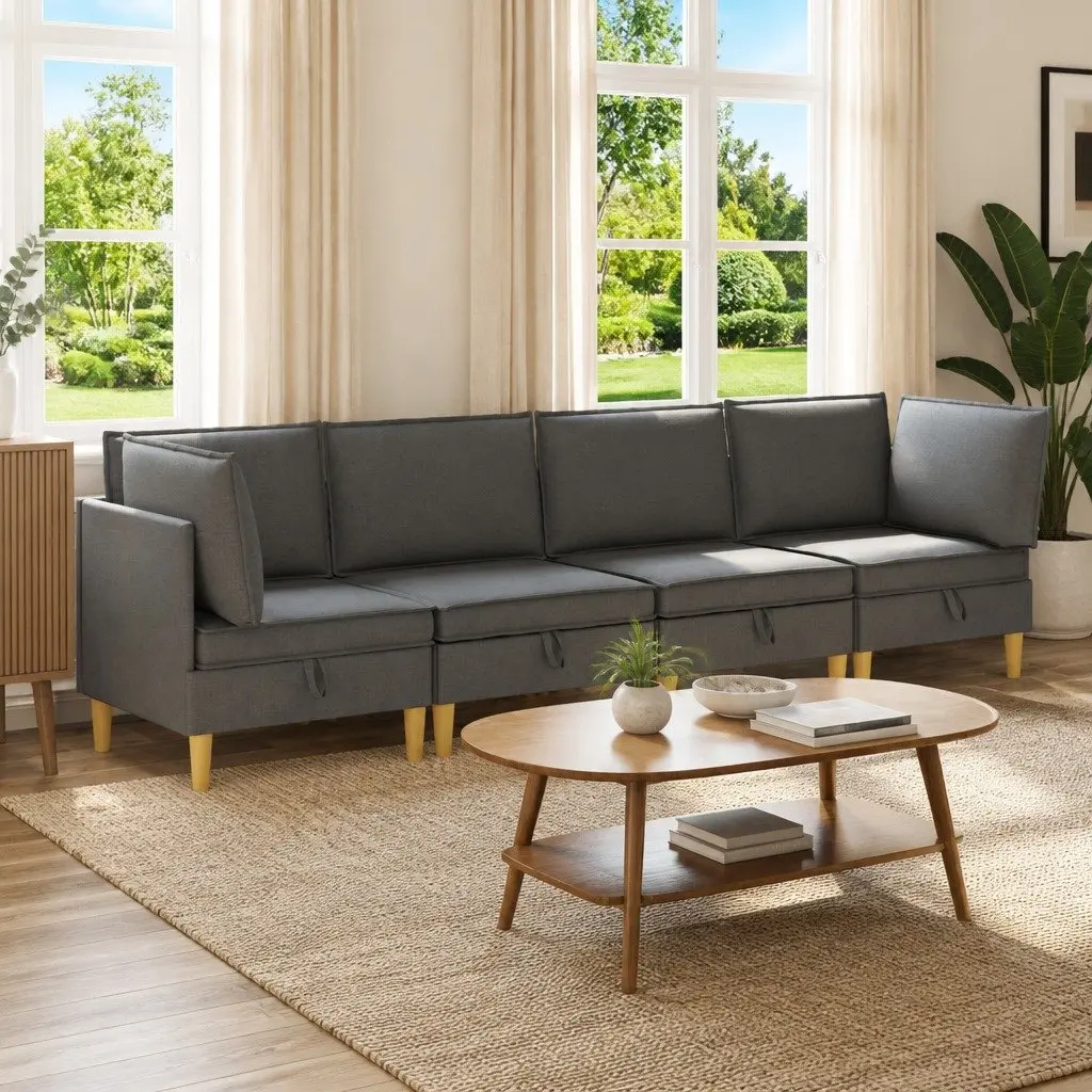 4-Piece Grey Fabric Modular Sofa Set with Storage