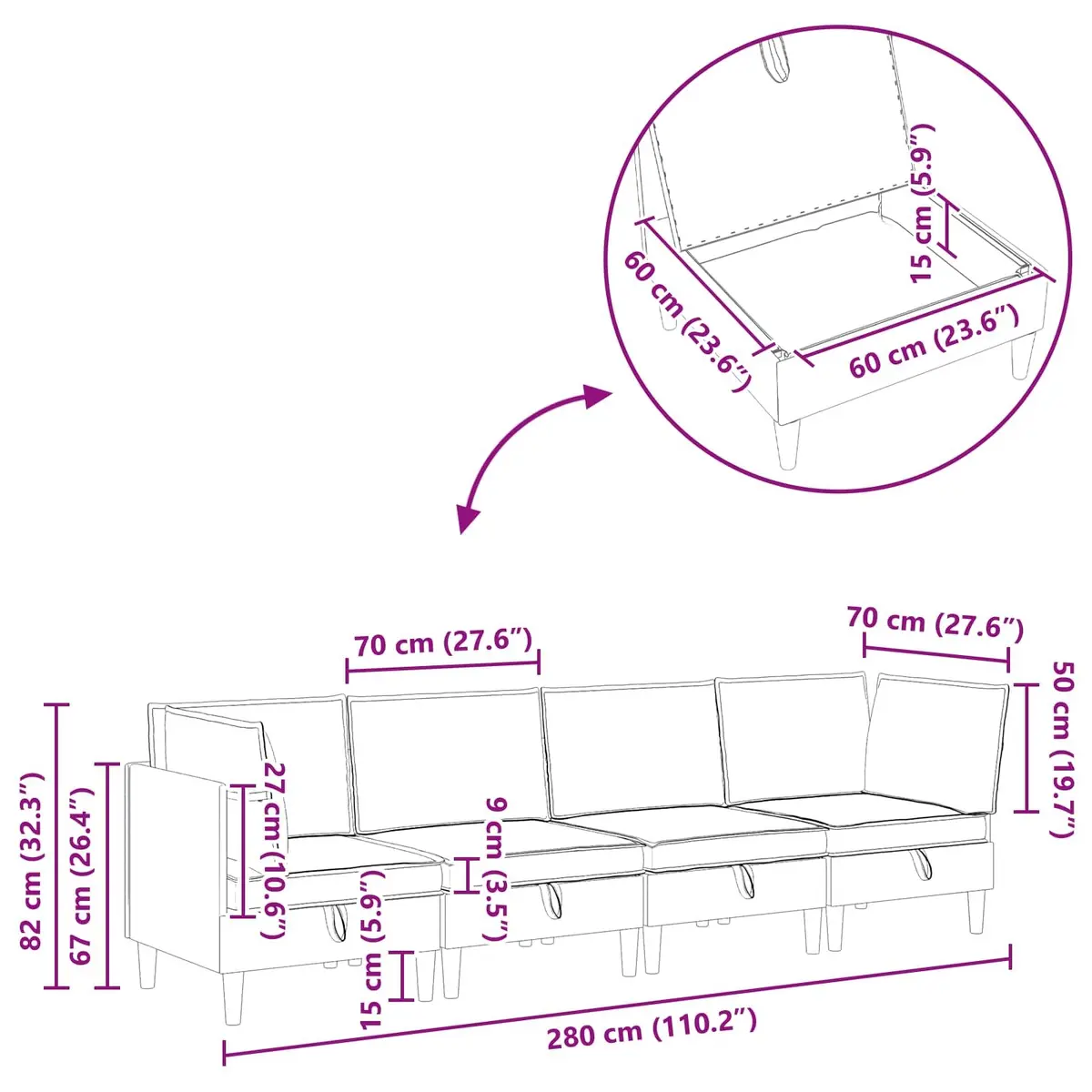 4-Piece Grey Fabric Modular Sofa Set with Storage