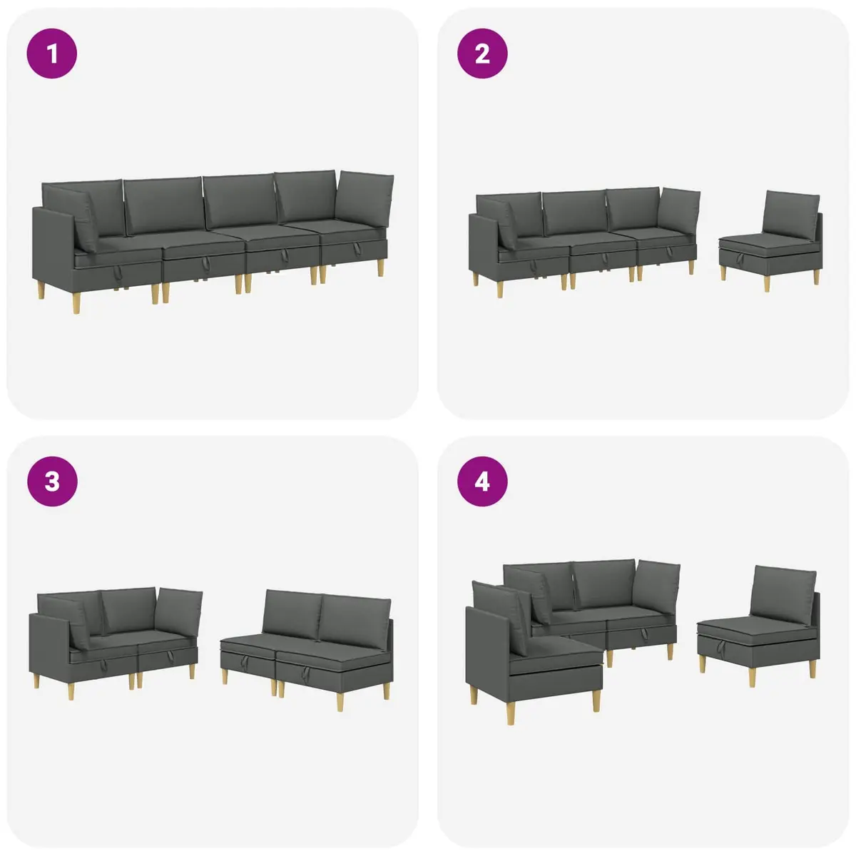 4-Piece Grey Fabric Modular Sofa Set with Storage