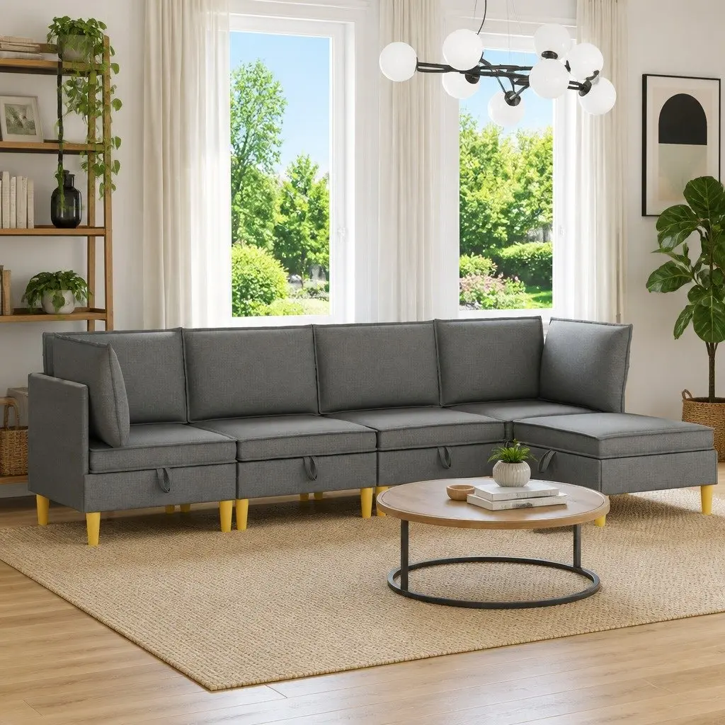 5-Piece Modular Sofa Set with Storage in Grey