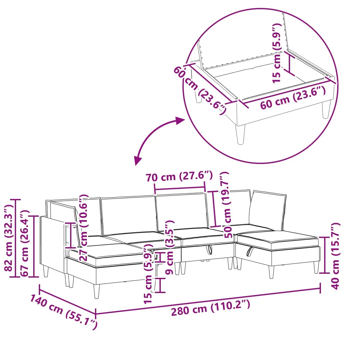 Modular Sofa Set 6 Pieces in Grey with Ample Storage Options
