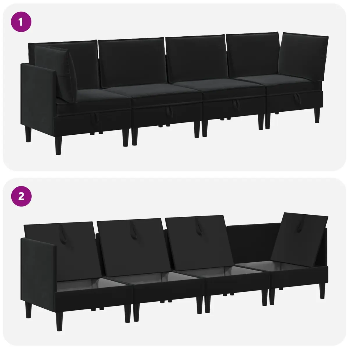 Living Room Furniture Set Velvet Black 4 Piece