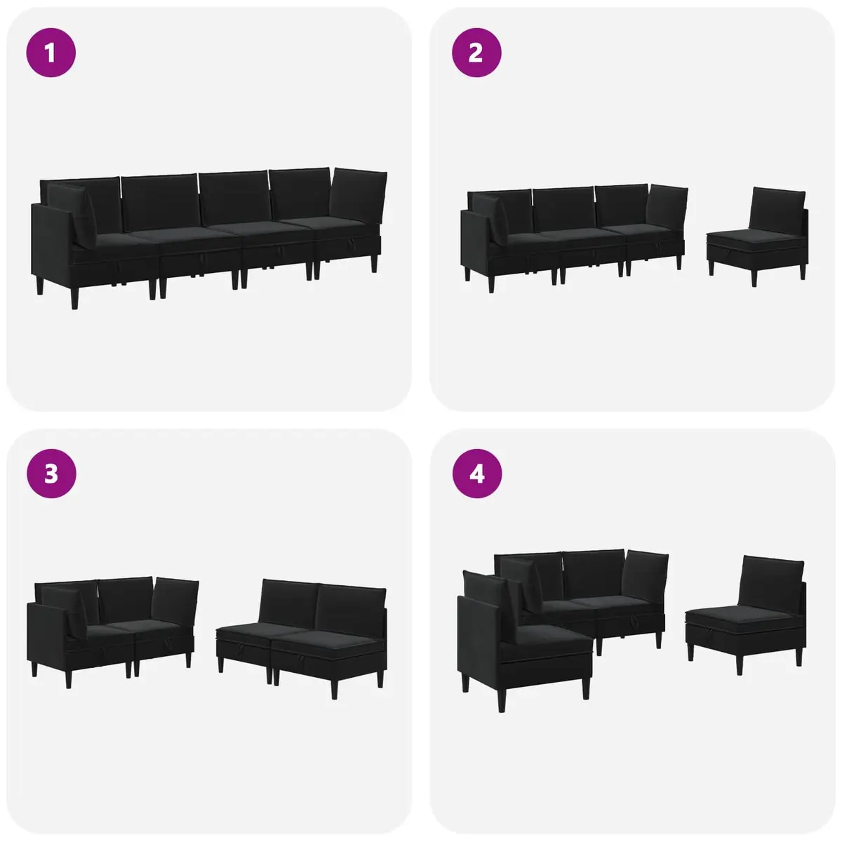 Living Room Furniture Set Velvet Black 4 Piece