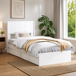 Stylish White Bed Frame with Storage Headboard 90x190cm
