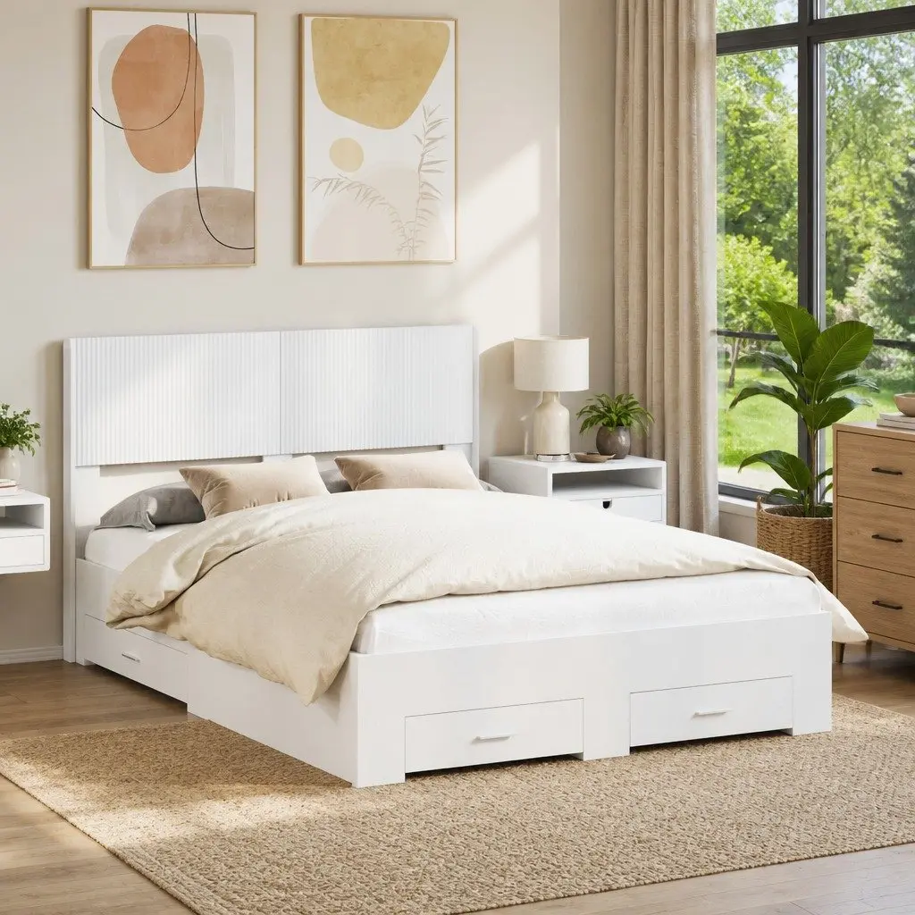 White Bed Frame 150x200cm with Storage Solutions
