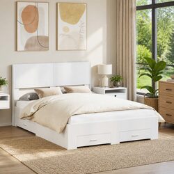 Durable White Bed Frame 150x200cm with Storage Solutions