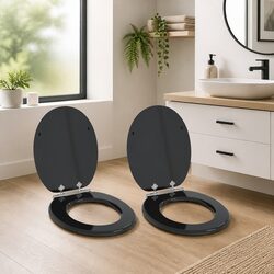 Toilet Seat Soft Close Black MDF 44x38cm Bathroom Fixture with Non-Slip Bumpers