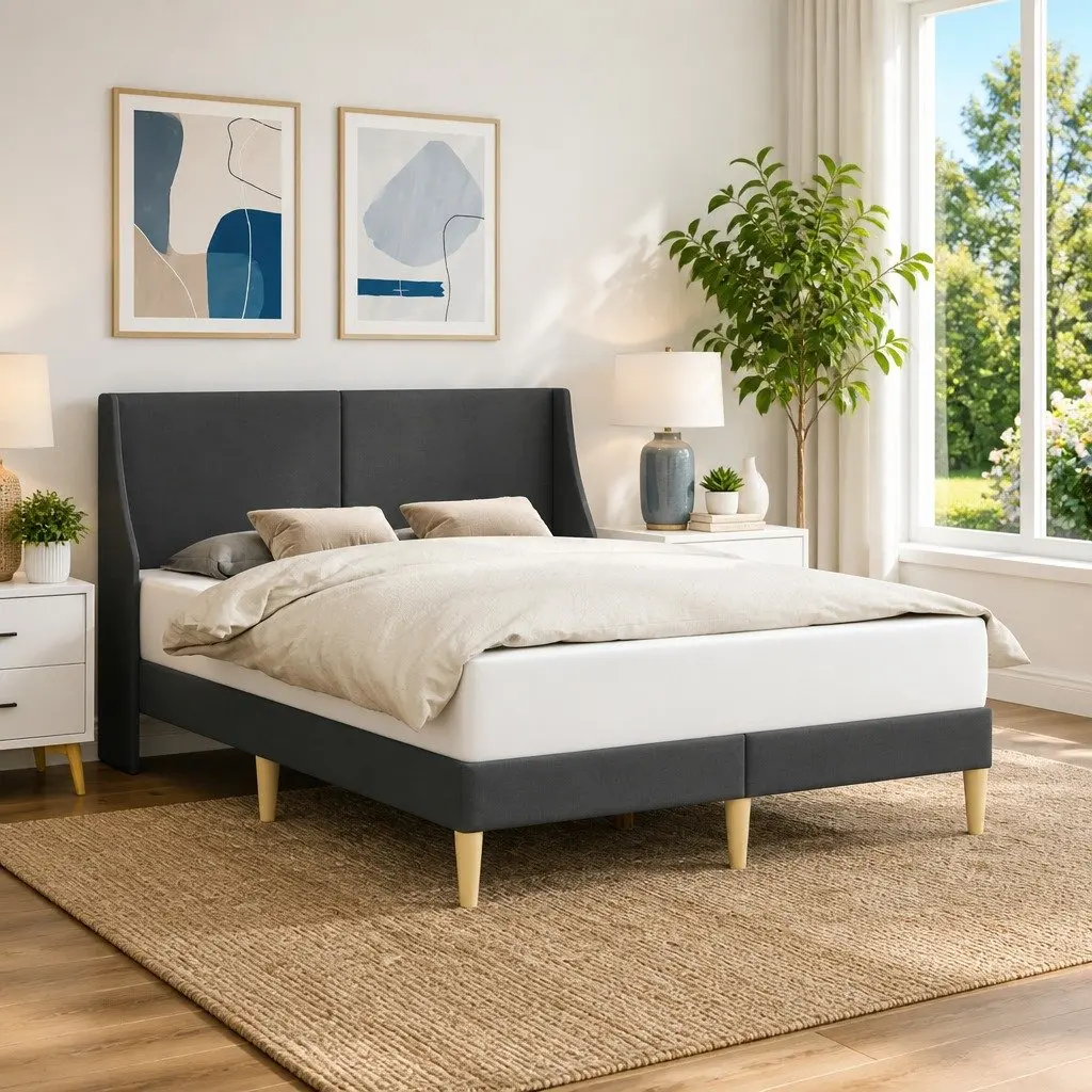 Dark Grey Bed Frame with Upholstered Headboard
