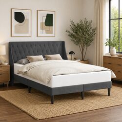 Stylish Dark Grey Bed Frame with Velvet Headboard