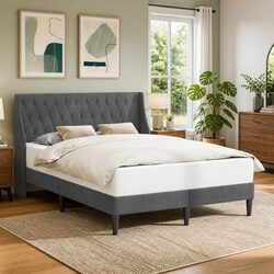 Modern Dark Grey Velvet Upholstered Bed Frame