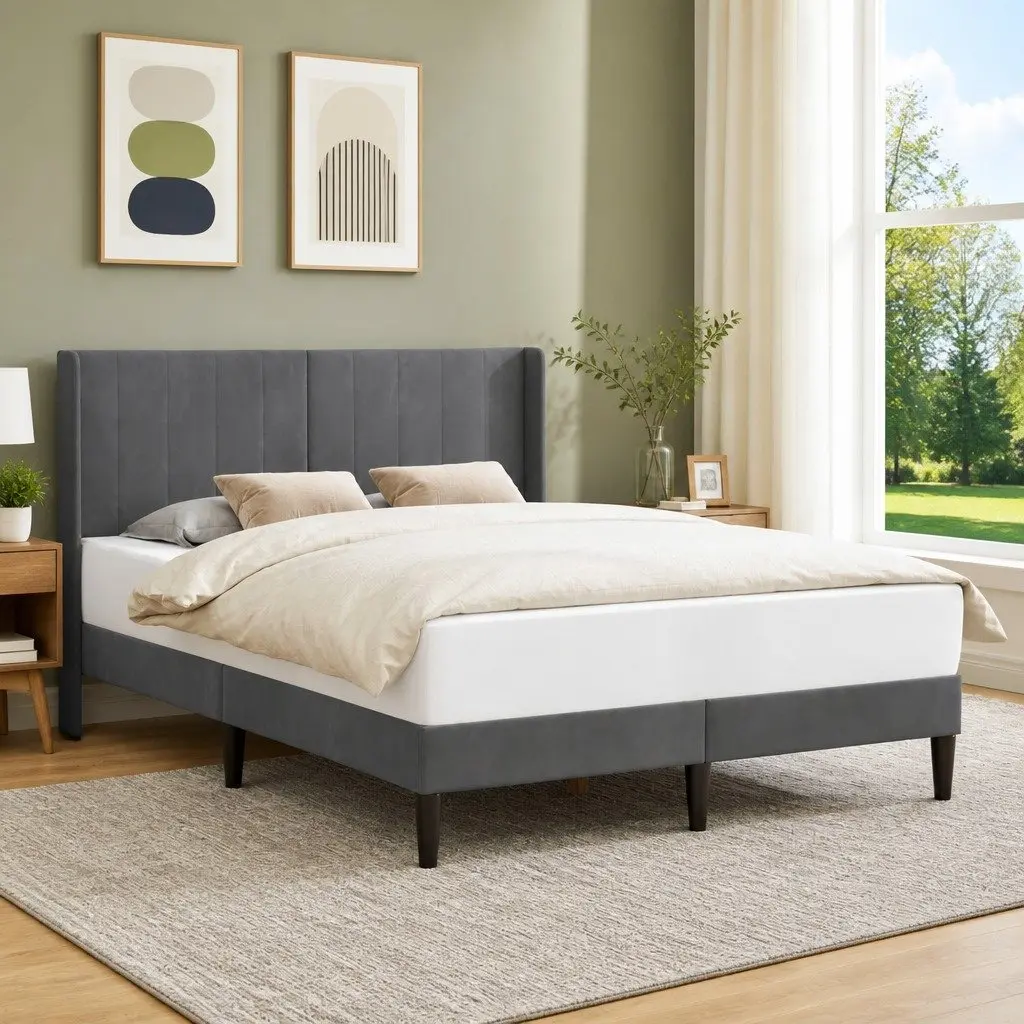 Bed Frame Plywood Slatted Base Dark Grey Velvet