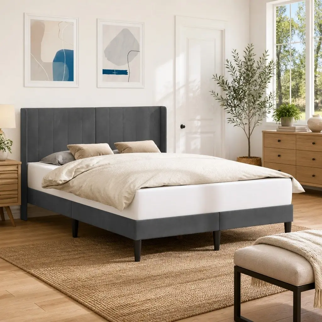 Bed Frame with Dark Grey Velvet Headboard