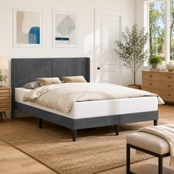 Durable Bed Frame with Dark Grey Velvet Headboard