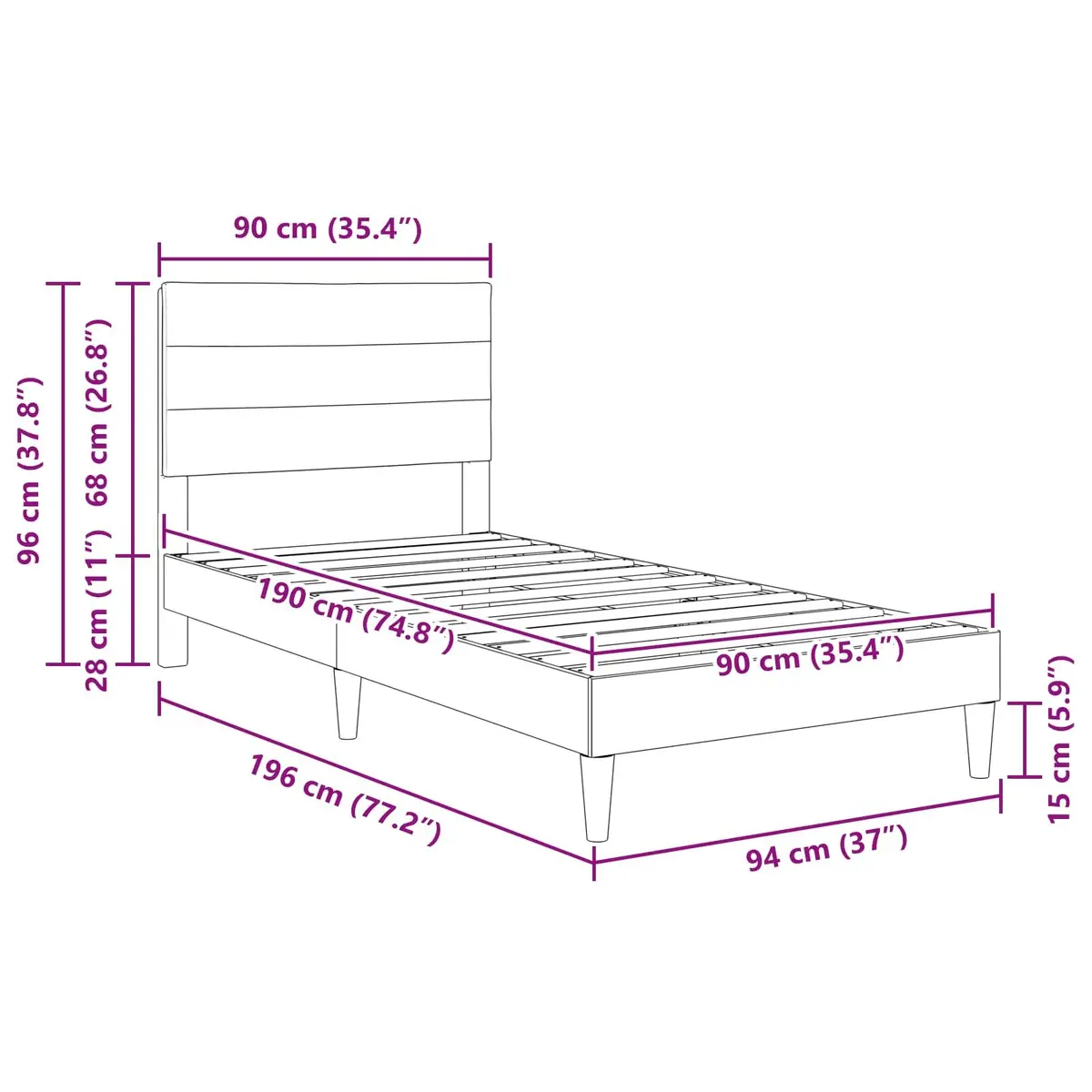 Dark Grey Bed Frame with Upholstered Headboard 90 x 190 cm