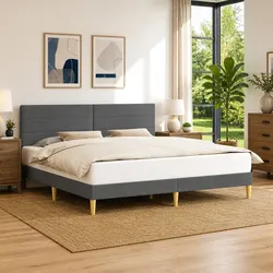 Modern Dark Grey Bed Frame with Fabric Headboard 180 x 200 cm