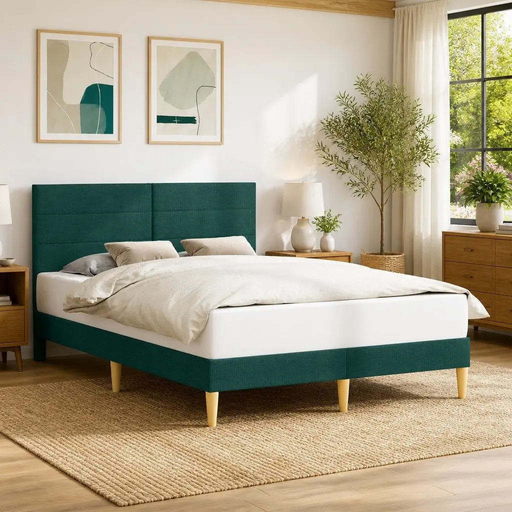 Bed Frame with Fabric Headboard Dark Grey Modern Bedroom Furniture Slatted Base