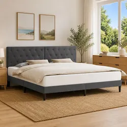 Durable Dark Grey Velvet Bed Frame with Tapered Legs