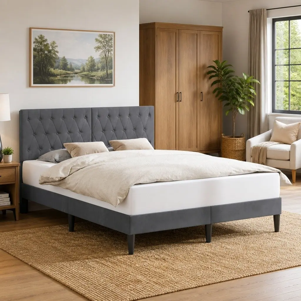 Bed Frame Velvet Dark Grey Plywood Tapered Legs