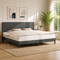 Modern Dark Grey Bed Frame with Corduroy Headboard