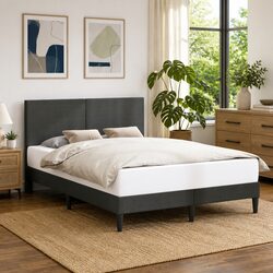 Bed Frame with Corduroy Upholstered Headboard Dark Grey 137x190cm Slatted Base