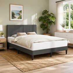 Bed Frame with Headboard Dark Grey 153 x 203 cm Corduroy Upholstered Modern