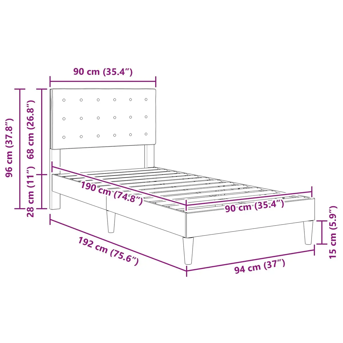 Bed Frame Plywood 90 x 190 cm Dark Grey Fabric Headboard