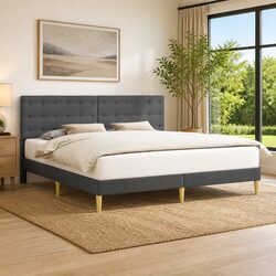 Modern Bed Frame with Stylish Dark Grey Fabric Headboard
