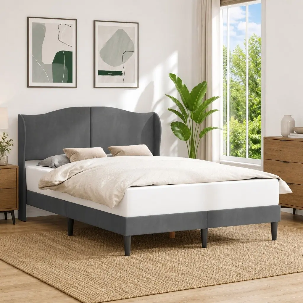Bed Frame Velvet 137 x 190 cm Dark Grey Modern Platform