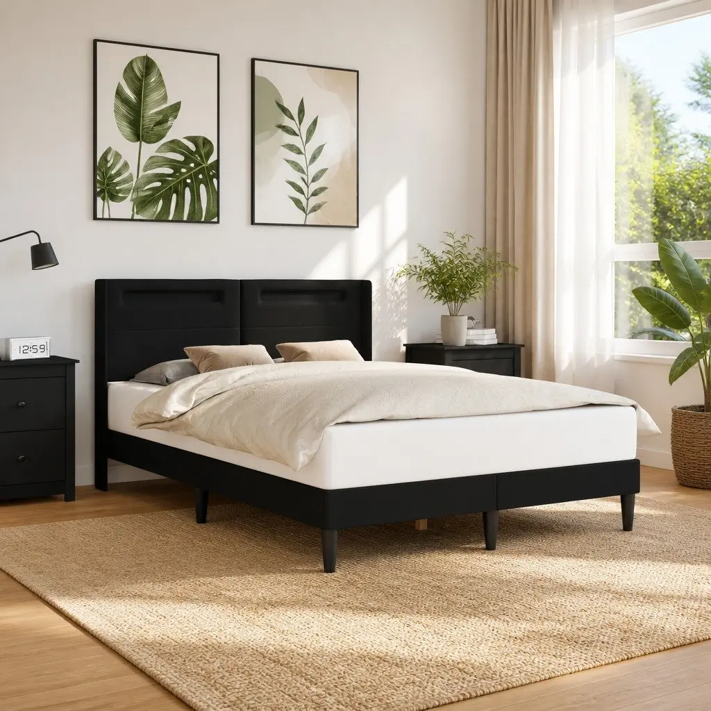 Black Faux Leather Bed Frame with LED Strip Lights
