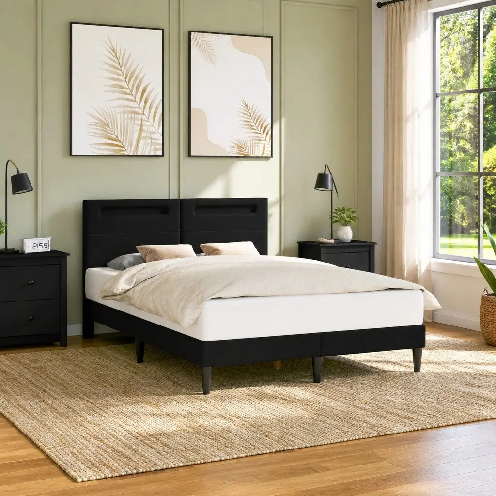 Black Faux Leather Bed Frame with LED Lighting