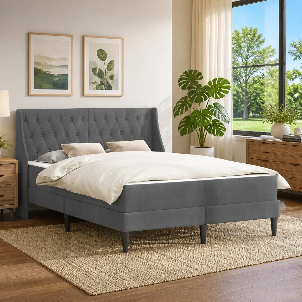 Grey Velvet Bed Frame with Integrated Mattress 137 x 190 cm