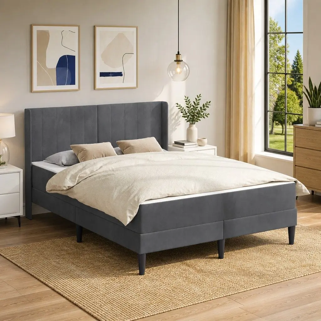 Dark Grey Bed Frame with Pocketed Coil Mattress