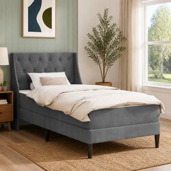 Modern Grey Velvet Bed Frame with Mattress 107 x 203 cm