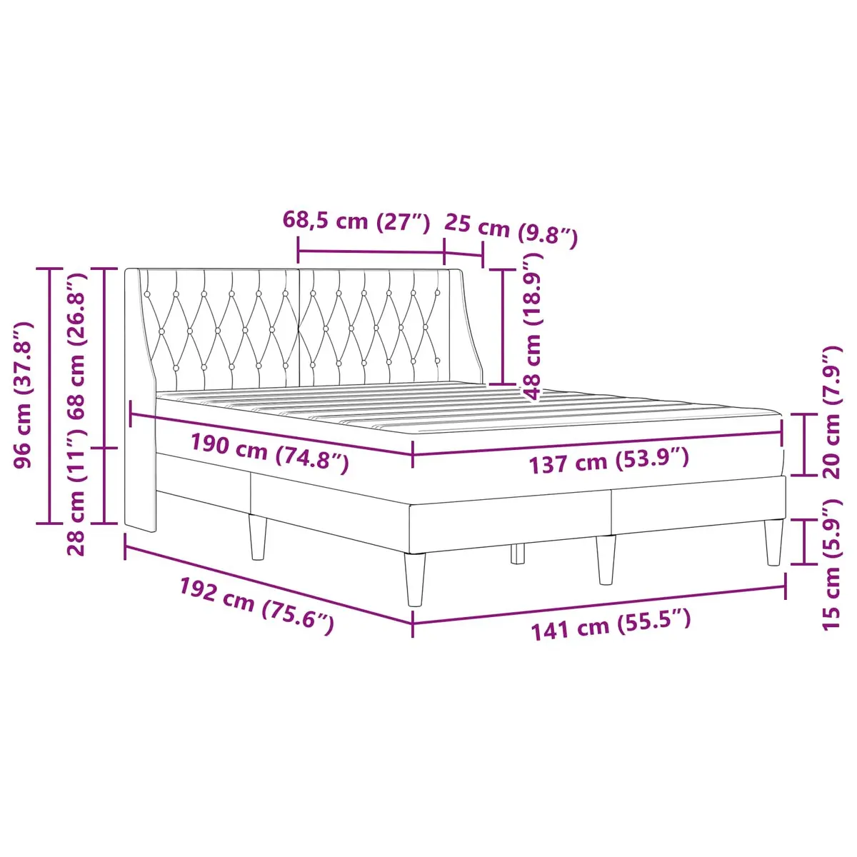 Bed Frame with Mattress Velvet 137 x 190 cm Grey