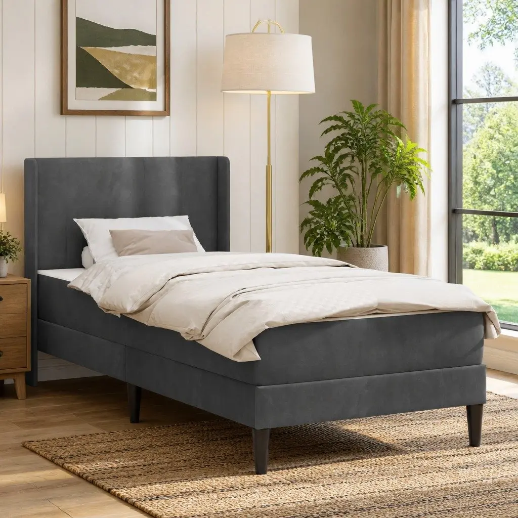 Bed Frame with Mattress Plywood 107 x 203 cm Grey