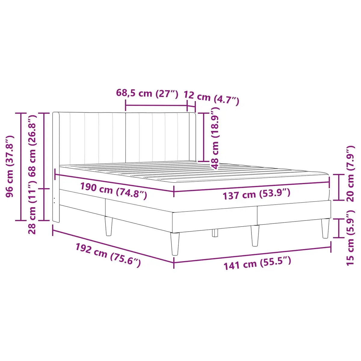 Grey Bed Frame with Mattress 137 x 190 cm